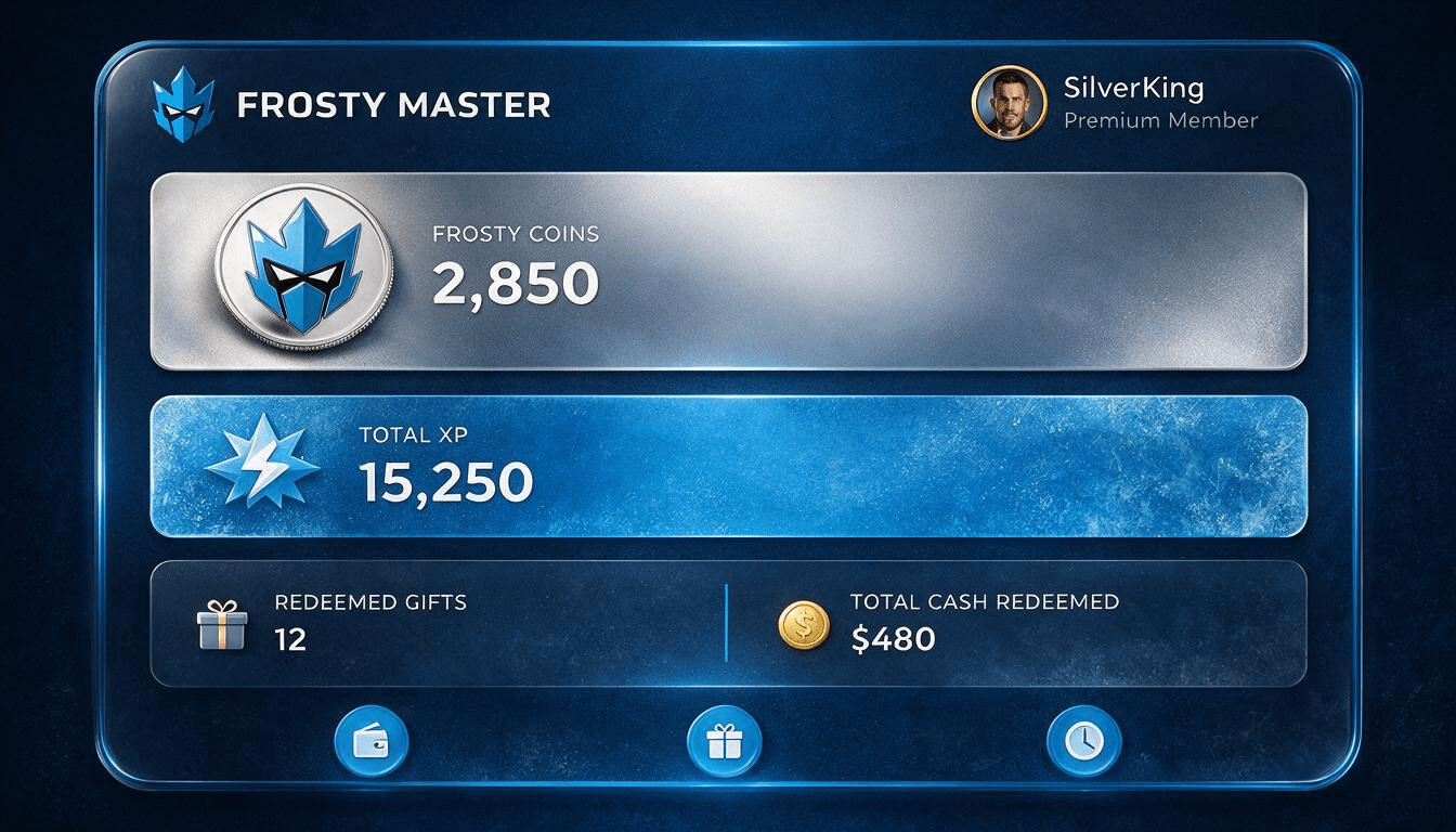 Frosty Master Wallet — Frosty Coins, Total XP, redeemed gifts and cash redeemed at a glance